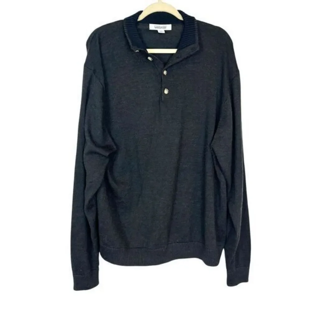 Joseph & Feiss Sweater Men XXL Merino Wool Dark Gray Quarter Button Pullover 2XL